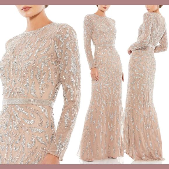NWT $598 Mac Duggal [‎ 14 ] 5124 Beaded Long Sleeve Evening Gown Mocha #J193 - Picture 1 of 15